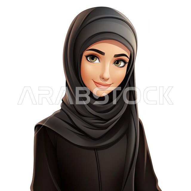 مفهوم الأناقة والاهتمام بالمظهر الخارجي، شخصية كرتونية لفتاة عربيه خليجية سعودية مبتسمة ترتدي الحجاب والعباءة السوداء تنظر إلى الكاميرا بإيماءات السرور، أزياء محجبات عصرية بتصاميم راقية، خلفية بيضاء