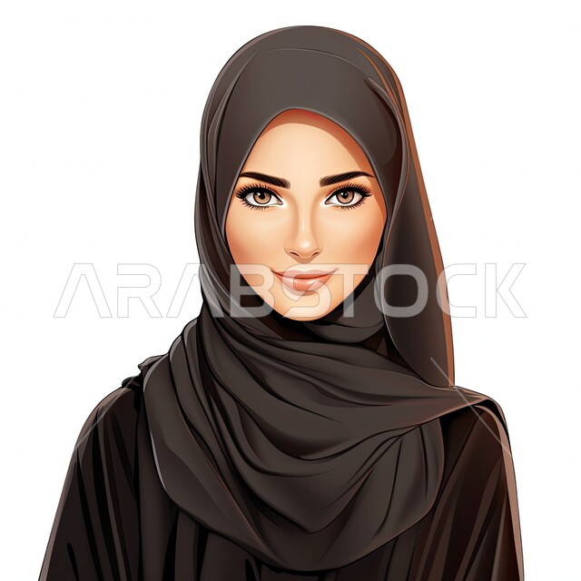 مفهوم الأناقة والاهتمام بالمظهر الخارجي، شخصية كرتونية لفتاة عربيه خليجية سعودية مبتسمة ترتدي الحجاب والعباءة السوداء تنظر إلى الكاميرا بإيماءات السرور، أزياء محجبات عصرية بتصاميم راقية، خلفية بيضاء