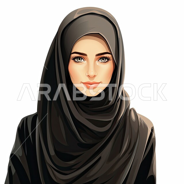مفهوم الأناقة والاهتمام بالمظهر الخارجي، شخصية كرتونية لفتاة عربيه خليجية سعودية مبتسمة ترتدي الحجاب والعباءة السوداء تنظر إلى الكاميرا بإيماءات السرور، أزياء محجبات عصرية بتصاميم راقية، خلفية بيضاء