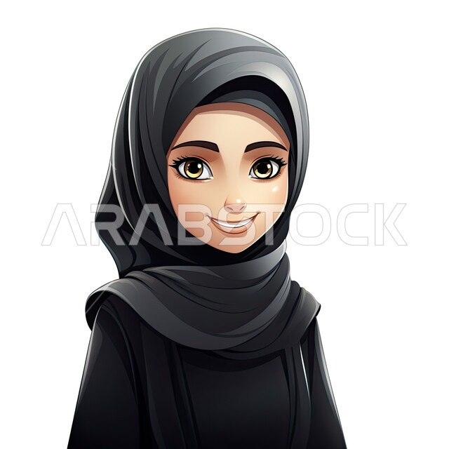 مفهوم الأناقة والاهتمام بالمظهر الخارجي، شخصية كرتونية لفتاة عربيه خليجية سعودية مبتسمة ترتدي الحجاب والعباءة السوداء تنظر إلى الكاميرا بإيماءات السرور، أزياء محجبات عصرية بتصاميم راقية، خلفية بيضاء
