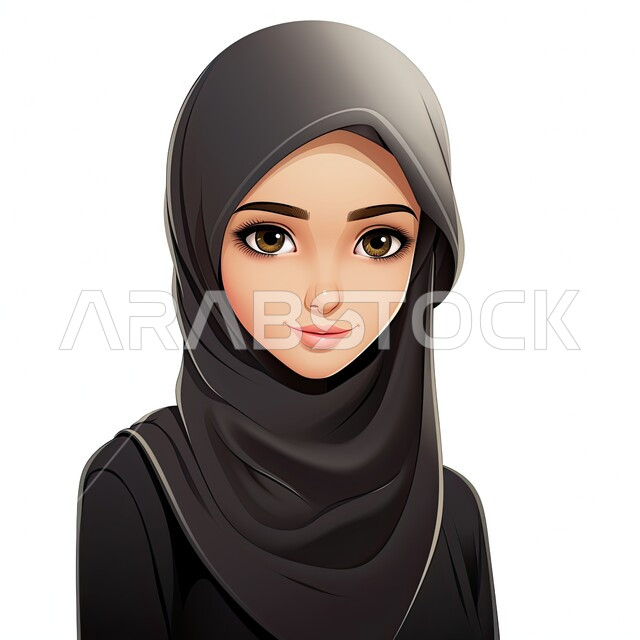 مفهوم الأناقة والاهتمام بالمظهر الخارجي، شخصية كرتونية لفتاة عربيه خليجية سعودية مبتسمة ترتدي الحجاب والعباءة السوداء تنظر إلى الكاميرا بإيماءات السرور، أزياء محجبات عصرية بتصاميم راقية، خلفية بيضاء