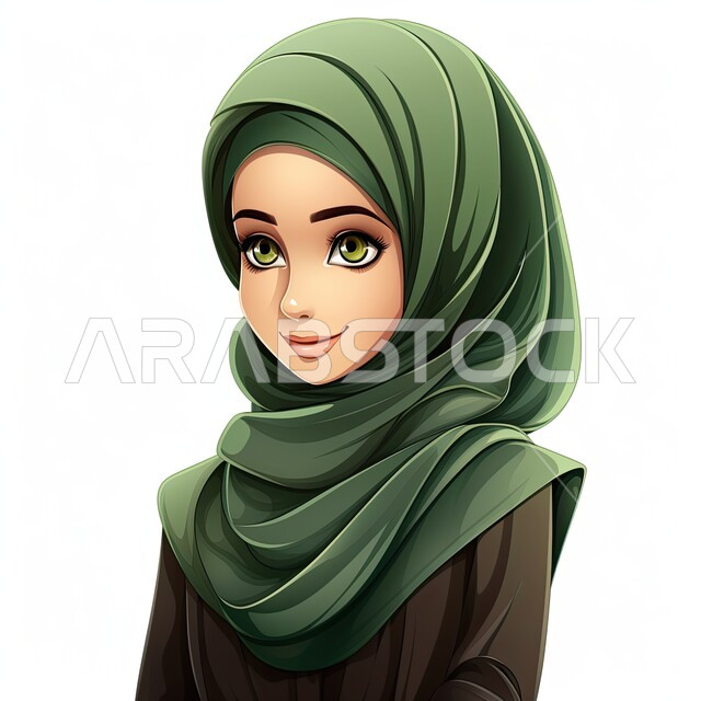 أزياء محجبات عصرية بتصاميم راقية، مفهوم الأناقة والاهتمام بالمظهر الخارجي، شخصية كرتونية لفتاة عربيه خليجية سعودية مبتسمة ترتدي الحجاب والعباءة السوداء تنظر إلى الكاميرا بإيماءات السرور، خلفية بيضاء