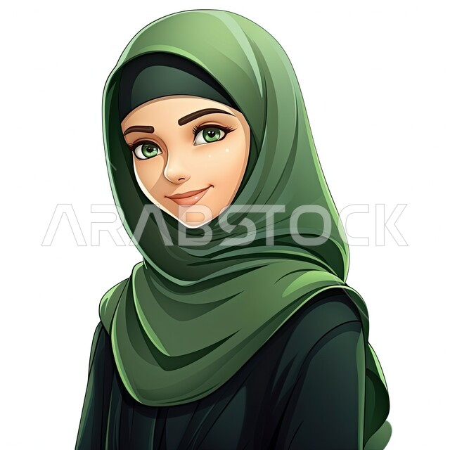 أزياء محجبات عصرية بتصاميم راقية، مفهوم الأناقة والاهتمام بالمظهر الخارجي، شخصية كرتونية لفتاة عربيه خليجية سعودية مبتسمة ترتدي الحجاب والعباءة السوداء تنظر إلى الكاميرا بإيماءات السرور، خلفية بيضاء