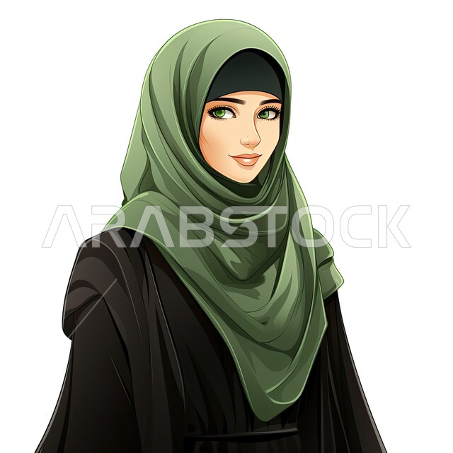 أزياء محجبات عصرية بتصاميم راقية، مفهوم الأناقة والاهتمام بالمظهر الخارجي، شخصية كرتونية لفتاة عربيه خليجية سعودية مبتسمة ترتدي الحجاب والعباءة السوداء تنظر إلى الكاميرا بإيماءات السرور، خلفية بيضاء