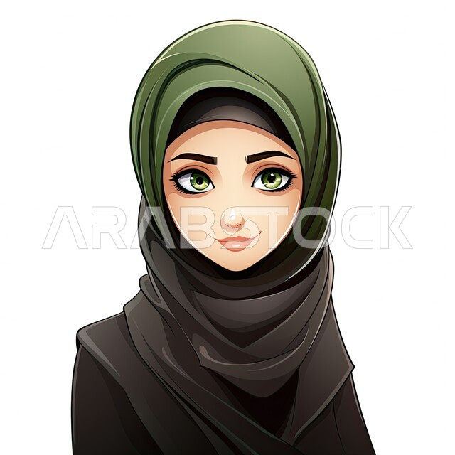 أزياء محجبات عصرية بتصاميم راقية، مفهوم الأناقة والاهتمام بالمظهر الخارجي، شخصية كرتونية لفتاة عربيه خليجية سعودية مبتسمة ترتدي الحجاب والعباءة السوداء تنظر إلى الكاميرا بإيماءات السرور، خلفية بيضاء
