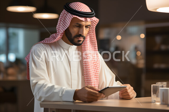 مفهوم إدارة شؤون الأعمال وتنظيمها عبر الاجهزة التقنية عن بعد، دمج العمل مع التقنية والتكنولوجيا, مهن ووظائف ادارية مكتبية, صورة مقربة لرجل اعمال عربي خليجي سعودي يرتدي الشماغ والثوب التقليدي يقوم بالعمل على جهاز التابلت داخل المكتب