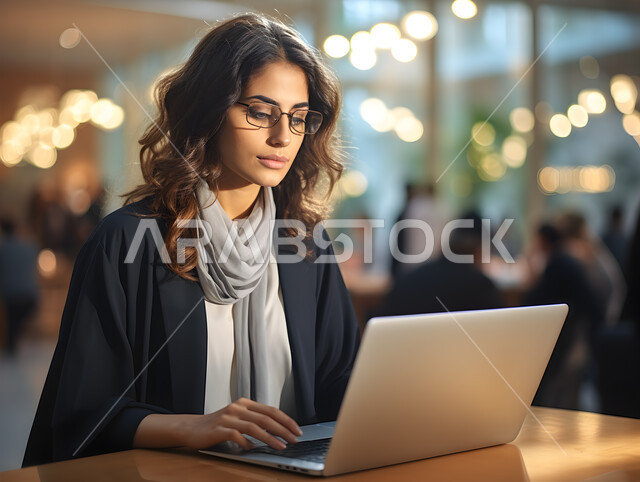 دمج العمل مع التقنية والتكنولوجيا، صورة مقربة لامرأة عربية خليجية سعودية تقوم بالعمل على الحاسوب المحمول داخل المكتب، مهن ووظائف نسائية سعودية، مفهوم إدارة شؤون الأعمال وتنظيمها عبر الاجهزة التقنية