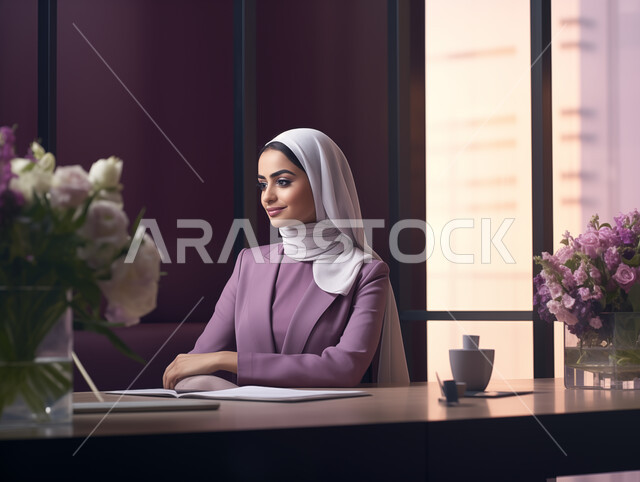 العمل في المجال المكتبي، مهن ووظائف نسائية، مفهوم الأنوثة والنعومة والاهتمام بالمظهر الخارجي، أزياء وحجابات عصريه حديثه, صورة مقربة لامرأة عربية خليجية سعودية محجبة تجلس على مكتبها تنظر الى شيء ما بتعابير الثقة بالنفس