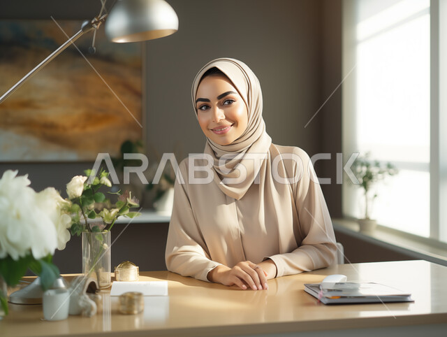 مهن ووظائف نسائية، مفهوم الأنوثة والنعومة والاهتمام بالمظهر الخارجي، أزياء وحجابات عصريه حديثه, صورة مقربة لامرأة عربية خليجية سعودية محجبة تجلس على مكتبها تنظر الى الكاميرا بتعابير الثقة بالنفس، العمل في المجال المكتبي