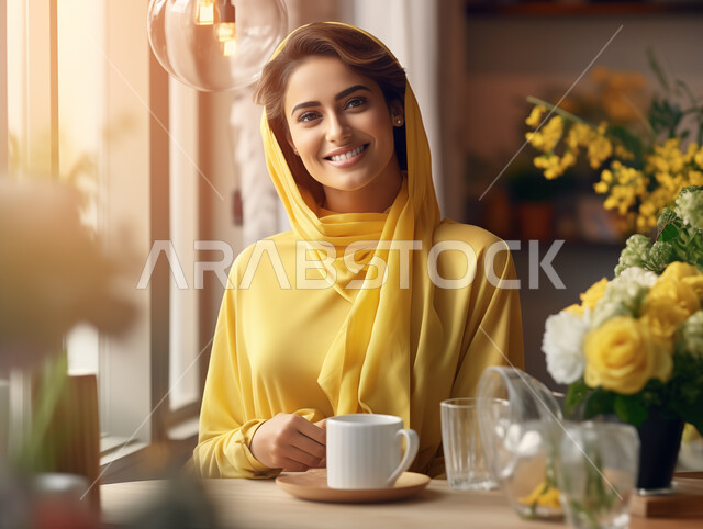 الاستمتاع بتناول المشروبات الساخنة، الجلسات الهادئة في إحدى الكافيهات الراقية في المملكة العربية السعودية، صورة مقربة لإمرأة عربية خليجية سعودية مبتسمة ترتدي أزياء المحجبات العصرية تنظر الى الكاميرا بتعابير السرور والسعادة