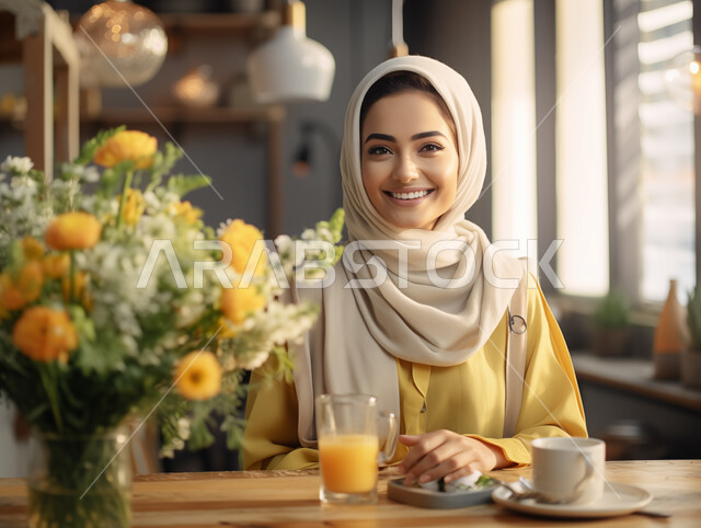 تناول مشروب الفواكه الطازجة، صورة مقربة لإمرأة عربية خليجية سعودية مبتسمة ترتدي أزياء المحجبات العصرية تنظر الى الكاميرا بتعابير السرور والسعادة، الاستمتاع بتناول االعصائر الطبيعية المنعشة، الجلسات الهادئة في إحدى الكافيهات الراقية في المملكة