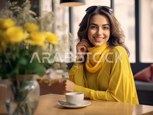 تصفيفات شعر متميزة، أزياء عصريه حديثه, مفهوم الأنوثة والنعومة والاهتمام بالمظهر الخارجي، إمرأة عربية خليجية سعودية مبتسمة تنظر إلى الكاميرا بإيماءات الثقة بالنفس والسرور، الاستمتاع وقضاء مسلي في احدى الكافيهات وتناول المشروبات الساخنة