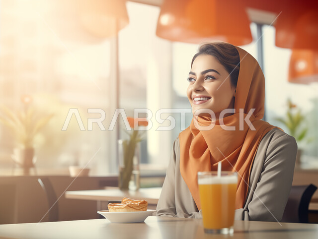  تناول مشروب الفواكه الطازجة، صورة مقربة لإمرأة عربية خليجية سعودية مبتسمة ترتدي أزياء المحجبات العصرية تنظر الى شيء ما بتعابير السرور والسعادة، الاستمتاع بتناول االعصائر الطبيعية المنعشة، الجلسات الهادئة في إحدى الكافيهات الراقية في المملكة