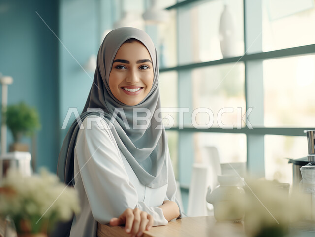قضاء وقت ممتع بالتنزه في الخارج، الجلسات الهادئة في إحدى الكافيهات الراقية في المملكة، صورة مقربة لإمرأة عربية خليجية سعودية مبتسمة ترتدي أزياء المحجبات العصرية تنظر الى الكاميرا، الاستمتاع في عطلة نهاية الاسبوع