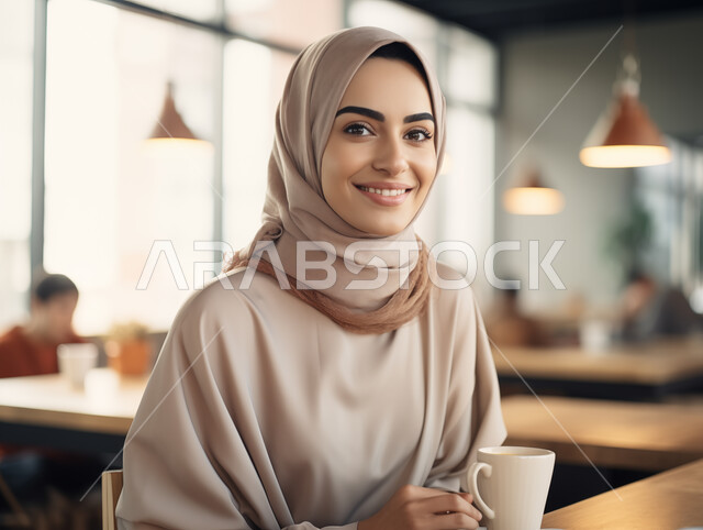 الاستمتاع بتناول المشروبات الساخنة، الجلسات الهادئة في إحدى الكافيهات الراقية في المملكة العربية السعودية، صورة مقربة لإمرأة عربية خليجية سعودية مبتسمة ترتدي أزياء المحجبات العصرية تنظر الى الكاميرا بتعابير السرور والسعادة