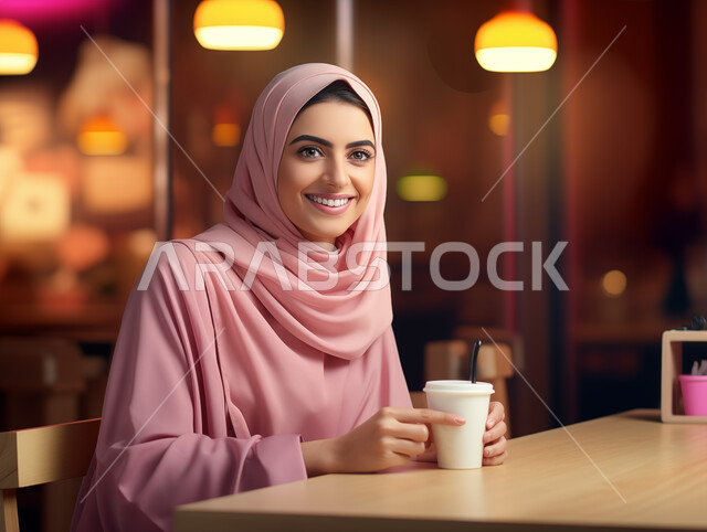 الاستمتاع بتناول المشروبات الساخنة، الجلسات الهادئة في إحدى الكافيهات الراقية في المملكة العربية السعودية، صورة مقربة لإمرأة عربية خليجية سعودية مبتسمة ترتدي أزياء المحجبات العصرية تنظر الى الكاميرا بتعابير السرور والسعادة