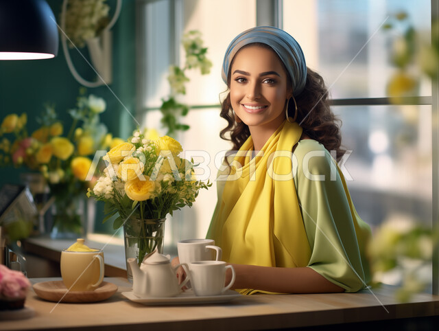 تصفيفات شعر متميزة، أزياء عصريه حديثه, مفهوم الأنوثة والنعومة والاهتمام بالمظهر الخارجي، إمرأة عربية خليجية سعودية مبتسمة تنظر إلى الكاميرا بإيماءات الثقة بالنفس والسرور، الاستمتاع وقضاء مسلي في احدى الكافيهات