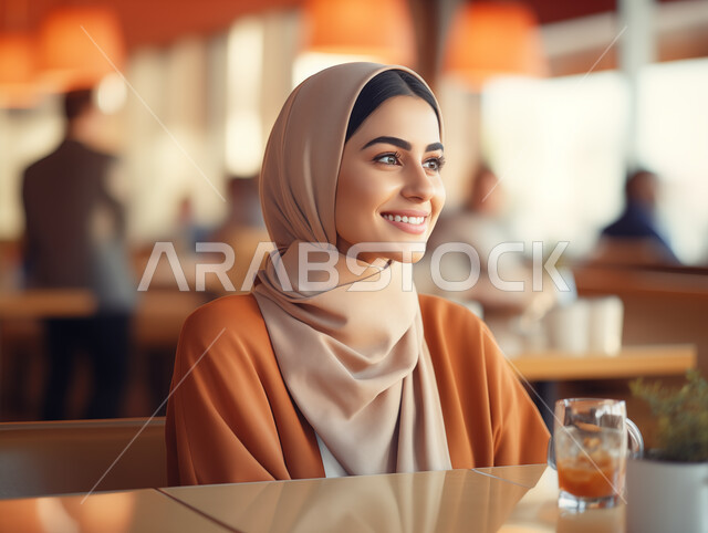 الجلسات الهادئة في إحدى الكافيهات الراقية في المملكة، تناول عصائر الفواكه الطازجة، صورة مقربة لإمرأة عربية خليجية سعودية مبتسمة ترتدي أزياء المحجبات العصرية تنظر الى شيء ما، الاستمتاع بتناول المشروبات والعصائر