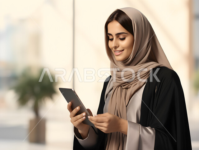  التجول في إحدى المناطق العامة، قضاء وقت الفراغ بالتواصل مع الصديقات، الدردشة والتحدث مع الاقارب، إمرأة عربية خليجية سعودية مبتسمة ترتدي الحجاب تقوم بتصفح مواقع التواصل الاجتماعي عبر الهاتف المحمول