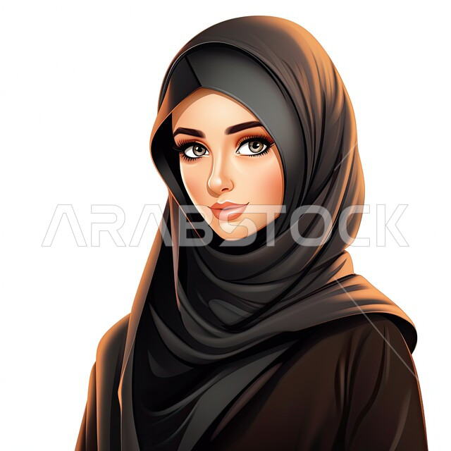 الأناقة والاهتمام بالمظهر الخارجي، أزياء محجبات عصرية بتصاميم راقية، شخصية كرتونية لفتاة عربيه خليجية سعودية مبتسمة ترتدي الحجاب والعباءة السوداء تنظر إلى الكاميرا بإيماءات السرور، خلفية بيضاء