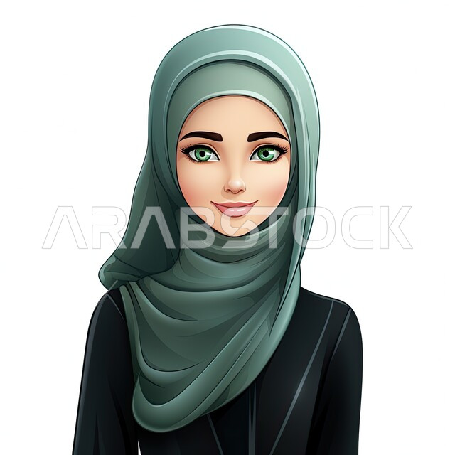 أزياء محجبات عصرية بتصاميم راقية، مفهوم الأناقة والاهتمام بالمظهر الخارجي، شخصية كرتونية لفتاة عربيه خليجية سعودية مبتسمة ترتدي الحجاب والعباءة السوداء تنظر إلى الكاميرا بإيماءات السرور، خلفية بيضاء