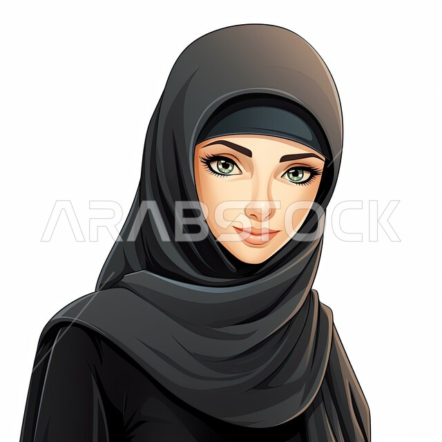 الأناقة والاهتمام بالمظهر الخارجي، أزياء محجبات عصرية بتصاميم راقية، شخصية كرتونية لفتاة عربيه خليجية سعودية مبتسمة ترتدي الحجاب والعباءة السوداء تنظر إلى الكاميرا بإيماءات السرور، خلفية بيضاء