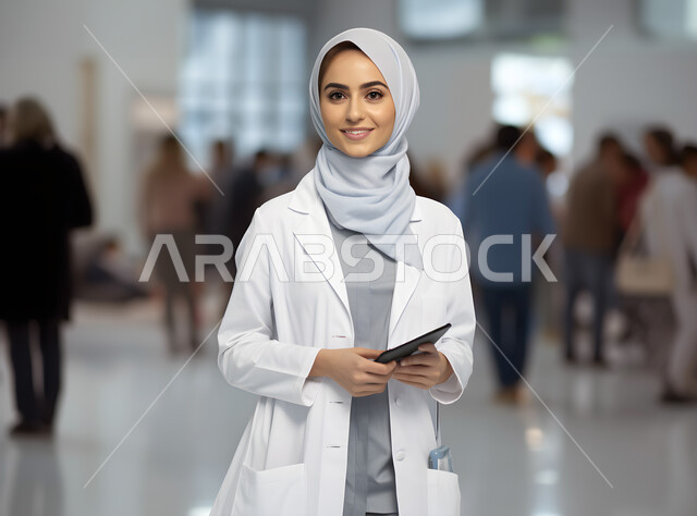 مفهوم الأنوثة والنعومة، الاهتمام بالمظهر الخارجي، النظر إلى الكاميرا بايماءات الثقة بالنفس، طبيبة عربية خليجية سعودية محجبة مبتسمة ترتدي معطف الطبيب، تقديم الفحص الطبي، الخدمات العلاجية في المستشفيات والمراكز الصحية