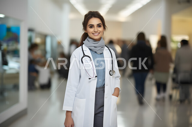 The concept of femininity and softness, a smiling Saudi Arabian Gulf doctor wearing a doctor’s coat and wearing stethoscopes, looking at the camera with gestures of self-confidence, taking care of the external appearance, providing a medical examination, therapeutic services in hospitals and health centers