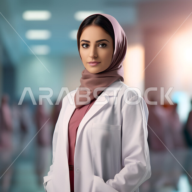 الاهتمام بالمظهر الخارجي، النظر إلى الكاميرا بايماءات الثقة بالنفس، مفهوم الأنوثة والنعومة، صورة مقربة لطبيبة عربية خليجية سعودية محجبة مبتسمة ترتدي معطف الطبيب، تقديم الفحص الطبي، الخدمات العلاجية في المستشفيات والمراكز الصحية