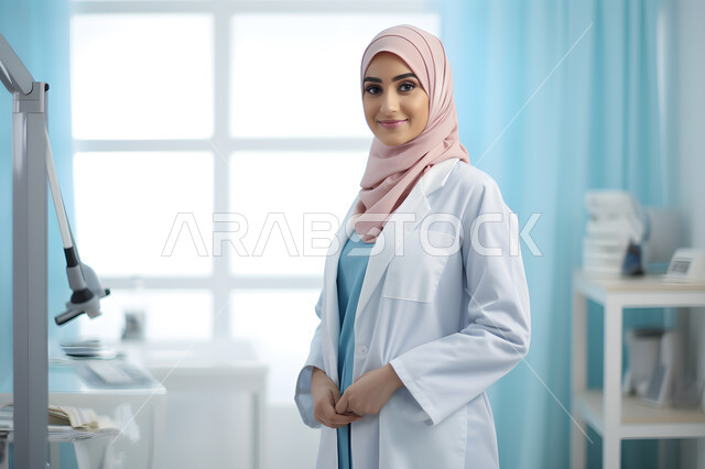 الوقوف لاستقامة والنظر إلى الكاميرا بايماءات الثقة بالنفس، الاهتمام بالمظهر الخارجي، طبيبة عربية خليجية سعودية محجبة مبتسمة ترتدي معطف الطبيب، تقديم الفحص الطبي، الخدمات العلاجية في المستشفيات والمراكز الصحية