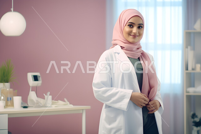 تقديم الفحص الطبي، النظر إلى الكاميرا بايماءات السعادة والسرور، الاهتمام بالمظهر الخارجي، طبيبة عربية خليجية سعودية محجبة مبتسمة ترتدي معطف الطبيب، الخدمات العلاجية في المستشفيات والمراكز الصحية