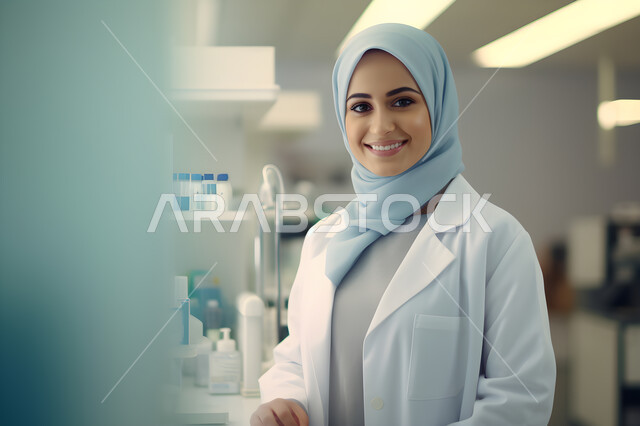 ايماءات السعادة والسرور، تقديم الخدمات العلاجية والفحوصات الطبية للمرضى, الوقوف باستقامة والنظر إلى الكاميرا بثقة, العمل في القطاع  الصحي, صورة مقربة لطبيبة عربية خليجية سعودية محجبة مبتسمة ترتدي المعطف الطبي الأبيض