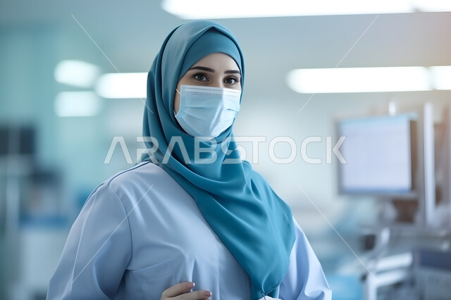 ارتداء الكمامية للوقاية من العدوى، الفحص الطبي وتقديم الخدمات الصحية للمرضى في المستشفيات والمراكز الطبية، النظر إلى الكاميرا بايماءات السعادة والسرور، الاهتمام بالمظهر الخارجي، صورة مقربة لطبيبة عربية خليجية سعودية محجبة مبتسمة ترتدي الملابس الخاصة بالمهنة