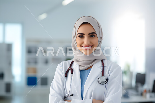 تقديم الفحص الطبي، الخدمات العلاجية في المستشفيات والمراكز الصحية، صورة مقربة  لطبيبة عربية خليجية سعودية محجبة مبتسمة ترتدي معطف الطبيب وتضع السماعات الطبية، النظر إلى الكاميرا بايماءات الثقة بالنفس، الاهتمام بالمظهر الخارجي، مفهوم الأنوثة والنعومة