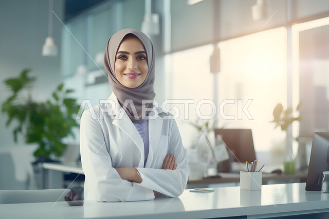 Providing therapeutic services and medical examinations for patients, standing up straight and looking at the camera with confidence, working in the health sector, a close-up photo of a smiling veiled Saudi Arabian Gulf doctor wearing a white medical coat, Saudi professions and jobs, gestures of happiness and pleasure