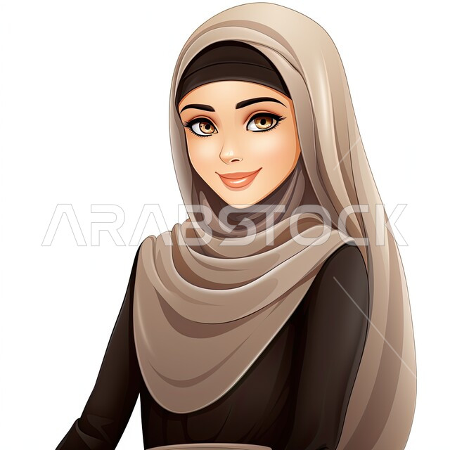 أزياء محجبات عصرية بتصاميم راقية، الأناقة والاهتمام بالمظهر الخارجي، شخصية كرتونية لفتاة عربيه خليجية سعودية مبتسمة ترتدي الحجاب والعباءة السوداء تنظر إلى الكاميرا بإيماءات السرور، خلفية بيضاء