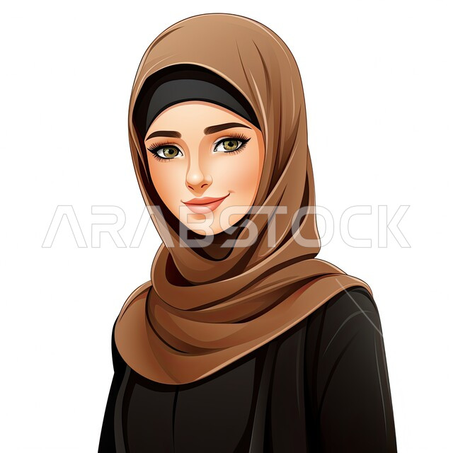أزياء محجبات عصرية بتصاميم راقية، الأناقة والاهتمام بالمظهر الخارجي، شخصية كرتونية لفتاة عربيه خليجية سعودية مبتسمة ترتدي الحجاب والعباءة السوداء تنظر إلى الكاميرا بإيماءات السرور، خلفية بيضاء