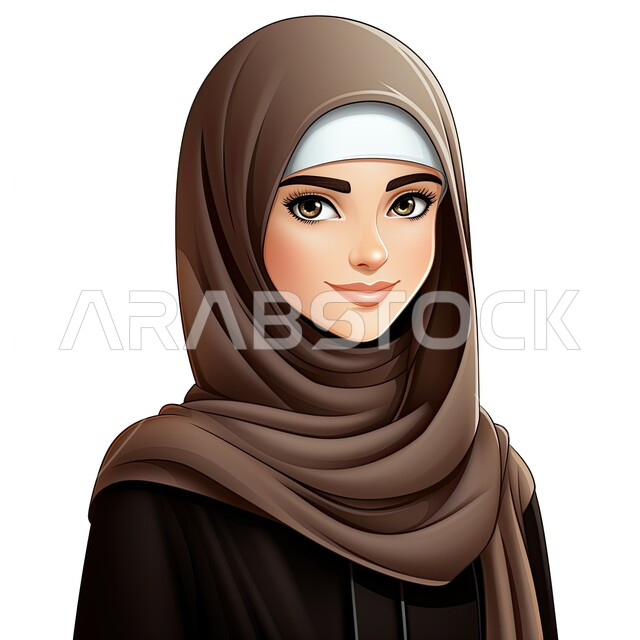Modern veiled fashion with sophisticated designs, elegance and attention to external appearance, a cartoon character of a smiling Saudi Arabian Gulf girl wearing the hijab and black abaya, looking at the camera with gestures of pleasure, white background.