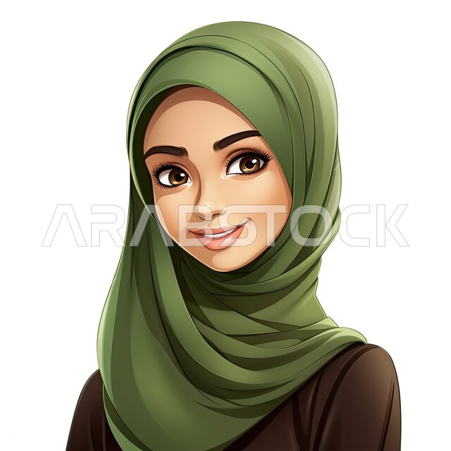 الاهتمام بالأناقة والمظهر الخارجي، أزياء محجبات عصرية بتصاميم راقية، شخصية كرتونية لفتاة عربيه خليجية سعودية مبتسمة ترتدي الحجاب والعباءة السوداء تنظر إلى الكاميرا بإيماءات السرور، خلفية بيضاء