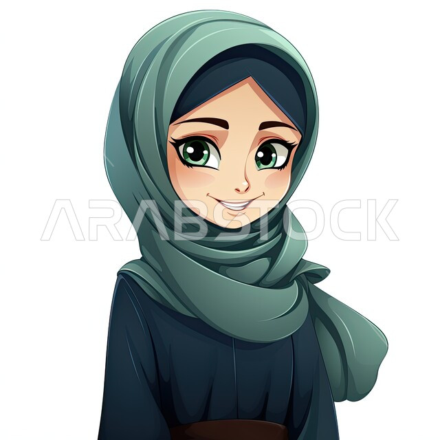 الاهتمام بالأناقة والمظهر الخارجي، أزياء محجبات عصرية بتصاميم راقية، شخصية كرتونية لفتاة عربيه خليجية سعودية مبتسمة ترتدي الحجاب والعباءة السوداء تنظر إلى الكاميرا بإيماءات السرور، خلفية بيضاء