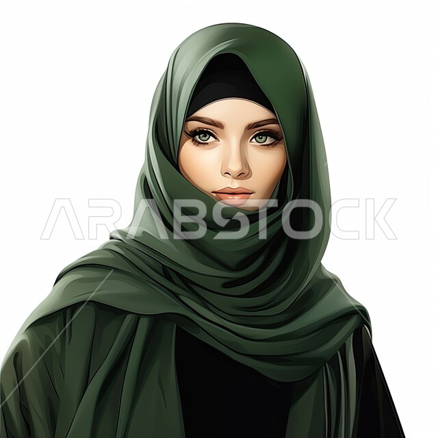 الاهتمام بالأناقة والمظهر الخارجي، أزياء محجبات عصرية بتصاميم راقية، شخصية كرتونية لفتاة عربيه خليجية سعودية مبتسمة ترتدي الحجاب والعباءة السوداء تنظر إلى الكاميرا بإيماءات السرور، خلفية بيضاء