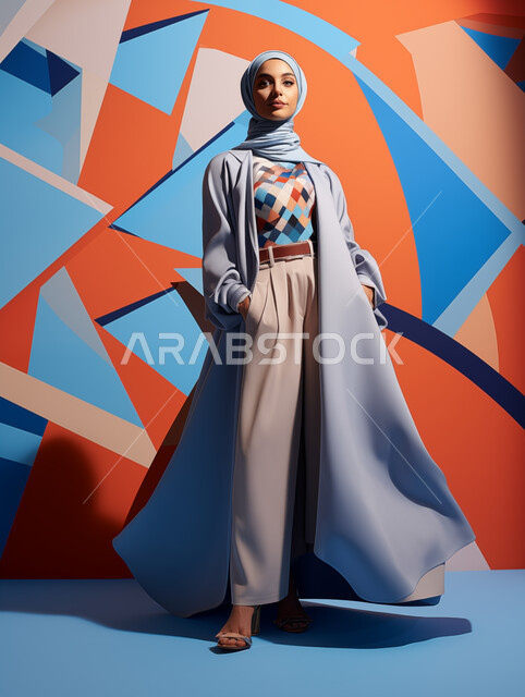 مفهوم الاناقة والاهتمام بالمظهر الخارجي، الشغف باتباع صيحات الموضة، عرض تصاميم الأزياء الحديثة المعاصرة للنساء، عارضة عربية خليجي سعودية محجبة ترتدي ملابس انيقة عصرية تقف باستقامة تنظر الى الكاميرا بتعابير الثقة بالنفس، خلفية ملونة