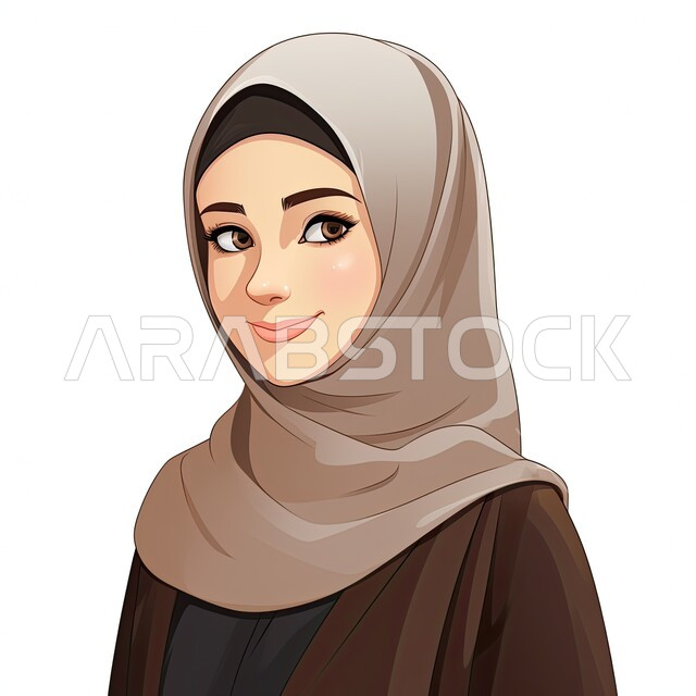 Elegant designs for modern veiled fashion, attention to elegance and external appearance, a cartoon character of a smiling Saudi Arabian Gulf girl wearing the hijab and black abaya, looking at the camera with gestures of pleasure, white background
