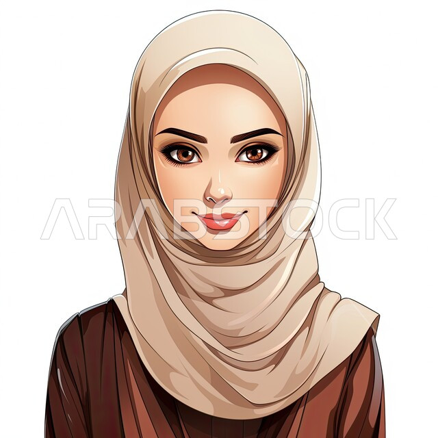 تصاميم راقية لأزياء محجبات عصرية، الاهتمام بالأناقة والمظهر الخارجي، شخصية كرتونية لفتاة عربيه خليجية سعودية مبتسمة ترتدي الحجاب والعباءة السوداء تنظر إلى الكاميرا بإيماءات السرور، خلفية بيضاء