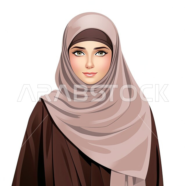 تصاميم راقية لأزياء محجبات عصرية، الاهتمام بالأناقة والمظهر الخارجي، شخصية كرتونية لفتاة عربيه خليجية سعودية مبتسمة ترتدي الحجاب والعباءة السوداء تنظر إلى الكاميرا بإيماءات السرور، خلفية بيضاء