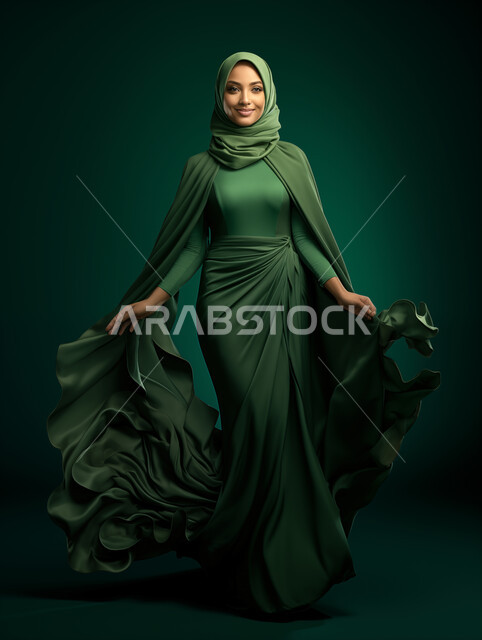 عباءات نسائية بتصاميم راقية للمحجبات، الاناقة والاهتمام بالمظهر الخارجي، عرض الأزياء الحديثة المعاصرة للنساء، بورتريه لعارضة عربية خليجي سعودية مبتسمة ترتدي الحجاب والعباءة تنظر الى الكاميرا بتعابير الثقة بالنفس والسرور، صورة الجسم بالكامل، خلفية خضراء