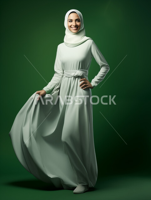 Women's abayas with sophisticated designs for veiled women, elegance and attention to external appearance, modern contemporary fashion show for women, portrait of a smiling Gulf Arab Saudi model wearing the hijab and abaya looking at the camera with expressions of self-confidence and pleasure, full body portrait, green background