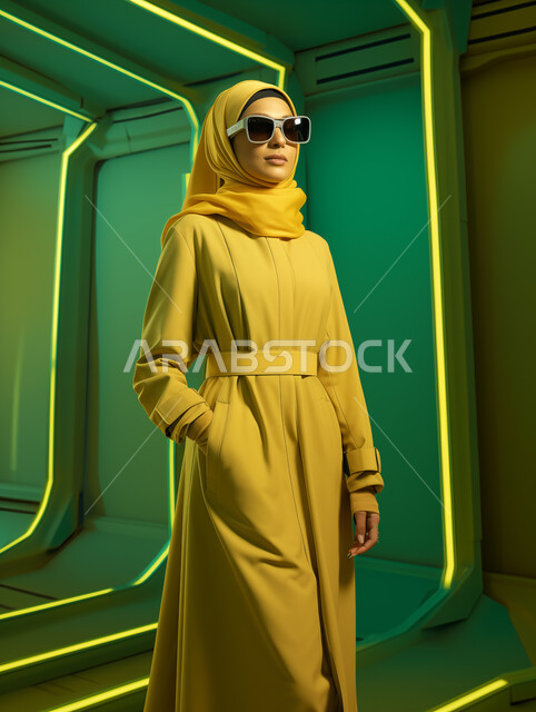 عارضة عربية خليجي سعودية محجبة ترتدي ملابس انيقة عصرية تقف باستقامة تنظر الى شيء ما بتعابير وايماءات الثقة بالنفس والسرور، مفهوم الاناقة والاهتمام بالمظهر الخارجي، اتباع صيحات الموضة، الشغف بتصاميم الأزياء الحديثة المعاصرة للنساء، خلفية ملونة