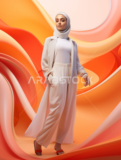 مفهوم الاناقة والاهتمام بالمظهر الخارجي، الشغف باتباع صيحات الموضة، عرض تصاميم الأزياء الحديثة المعاصرة للنساء، عارضة عربية خليجي سعودية محجبة ترتدي ملابس انيقة عصرية تقف باستقامة تنظر الى الكاميرا بتعابير الثقة بالنفس، خلفية ملونة