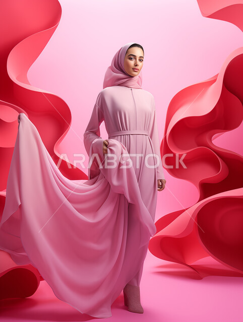 عارضة عربية خليجي سعودية محجبة ترتدي ملابس انيقة عصرية تقف باستقامة تنظر الى شيء ما بتعابير وايماءات الثقة بالنفس والسرور، مفهوم الاناقة والاهتمام بالمظهر الخارجي، اتباع صيحات الموضة، الشغف بتصاميم الأزياء الحديثة المعاصرة للنساء، خلفية ملونة